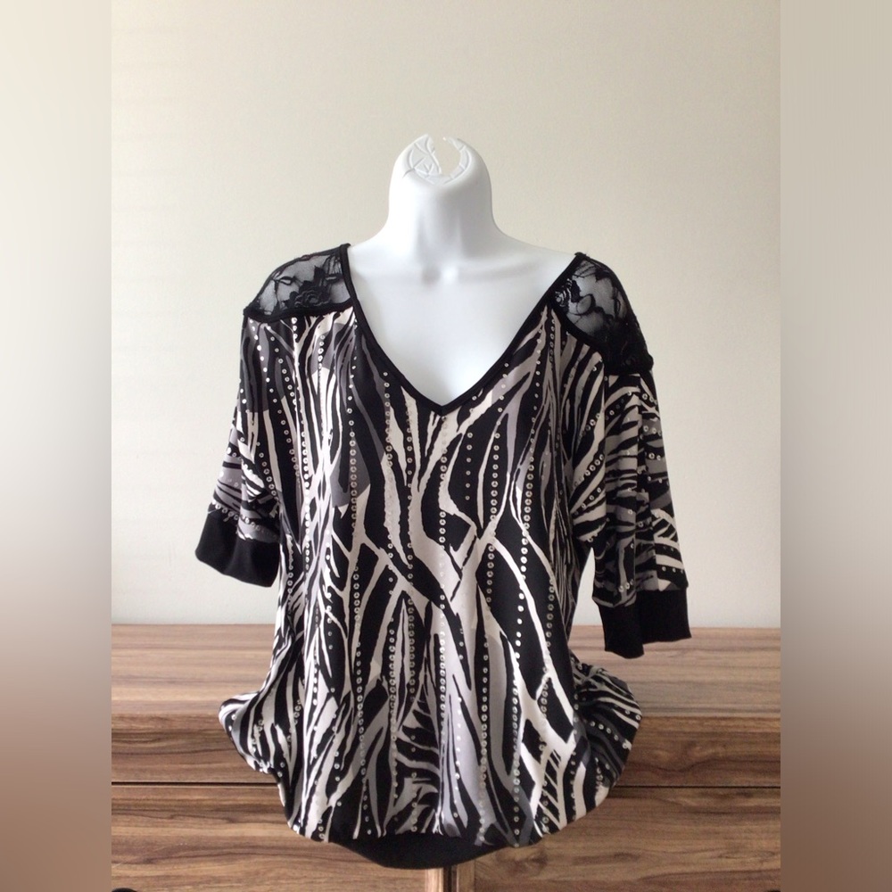 Y2K 2000s Fashion Bug Black Zebra Print McBling Cyber Glam Lace Tunic Top L